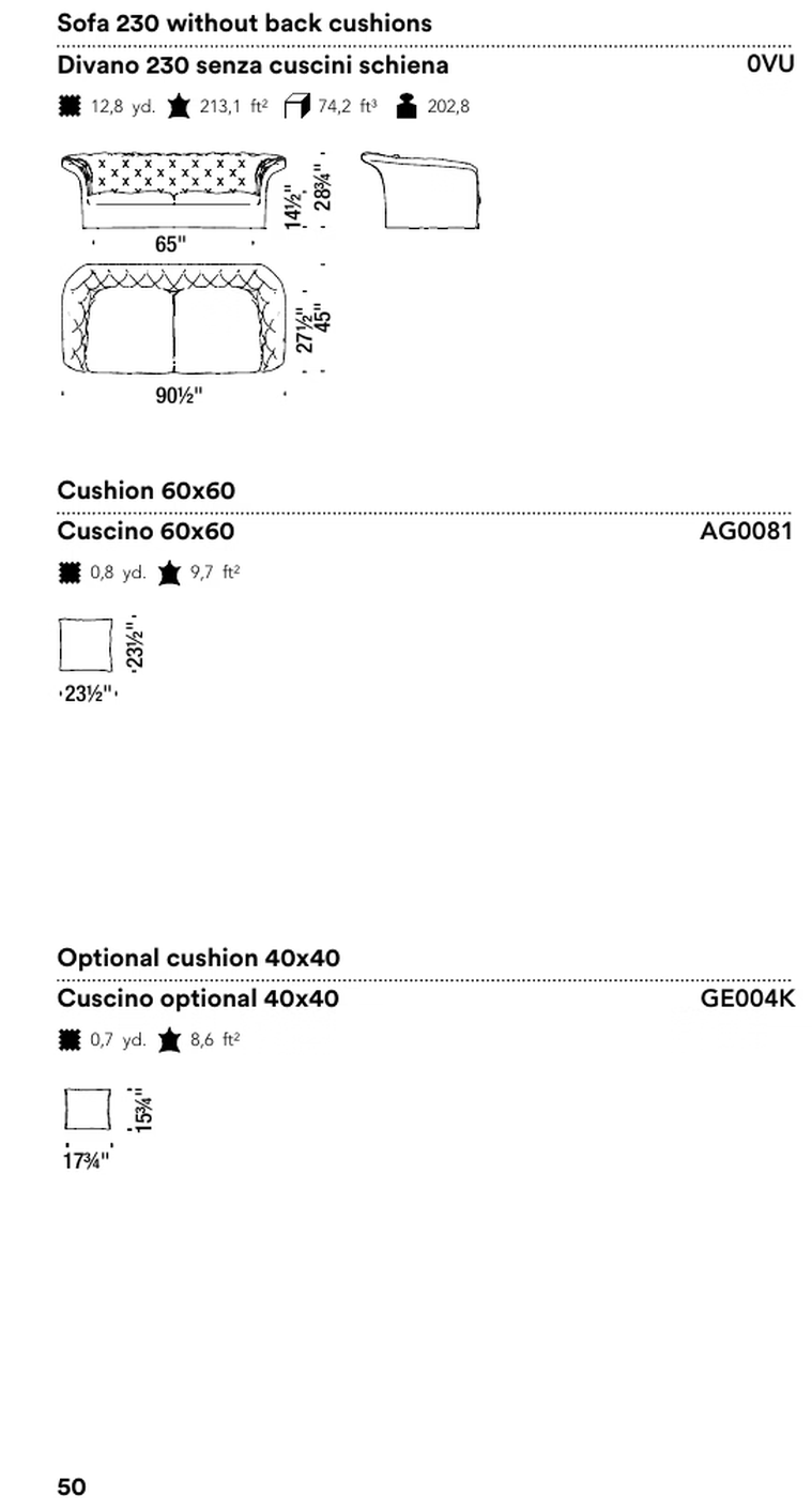 Bohemian Sofa by Moroso, size drawing: Sofa 230 without back cushions