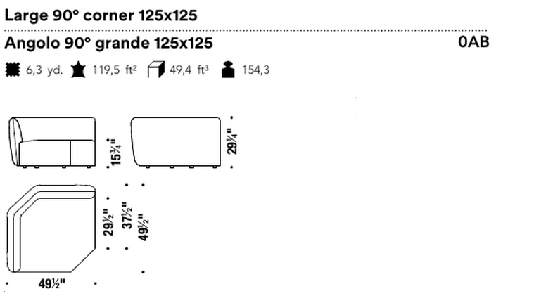 Chamfer Sofa by Moroso, size drawing: Large 90° corner 125x125