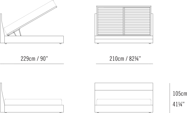 Everest Storage Bed by Bensen, size drawing: Everest Low Storage Bed - King