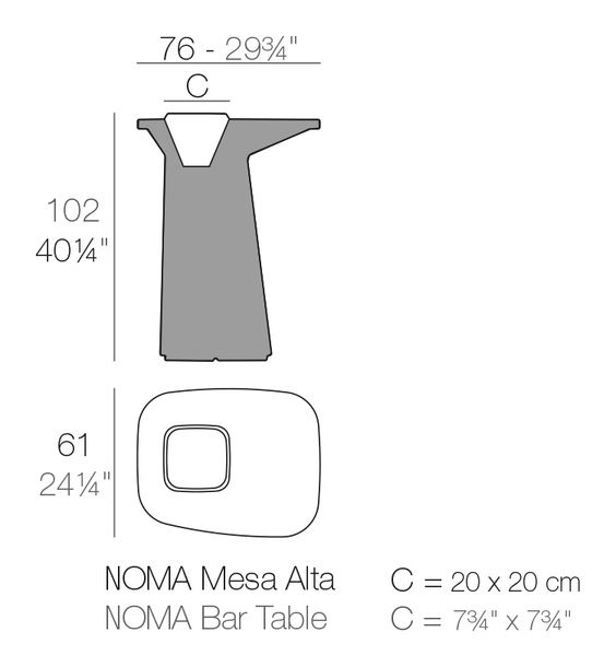 Noma Bar Table by Vondom, size drawing