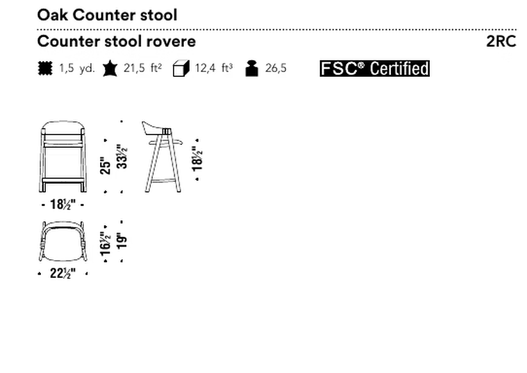 Mathilda Stool by Moroso, size drawing: Oak Counter stool