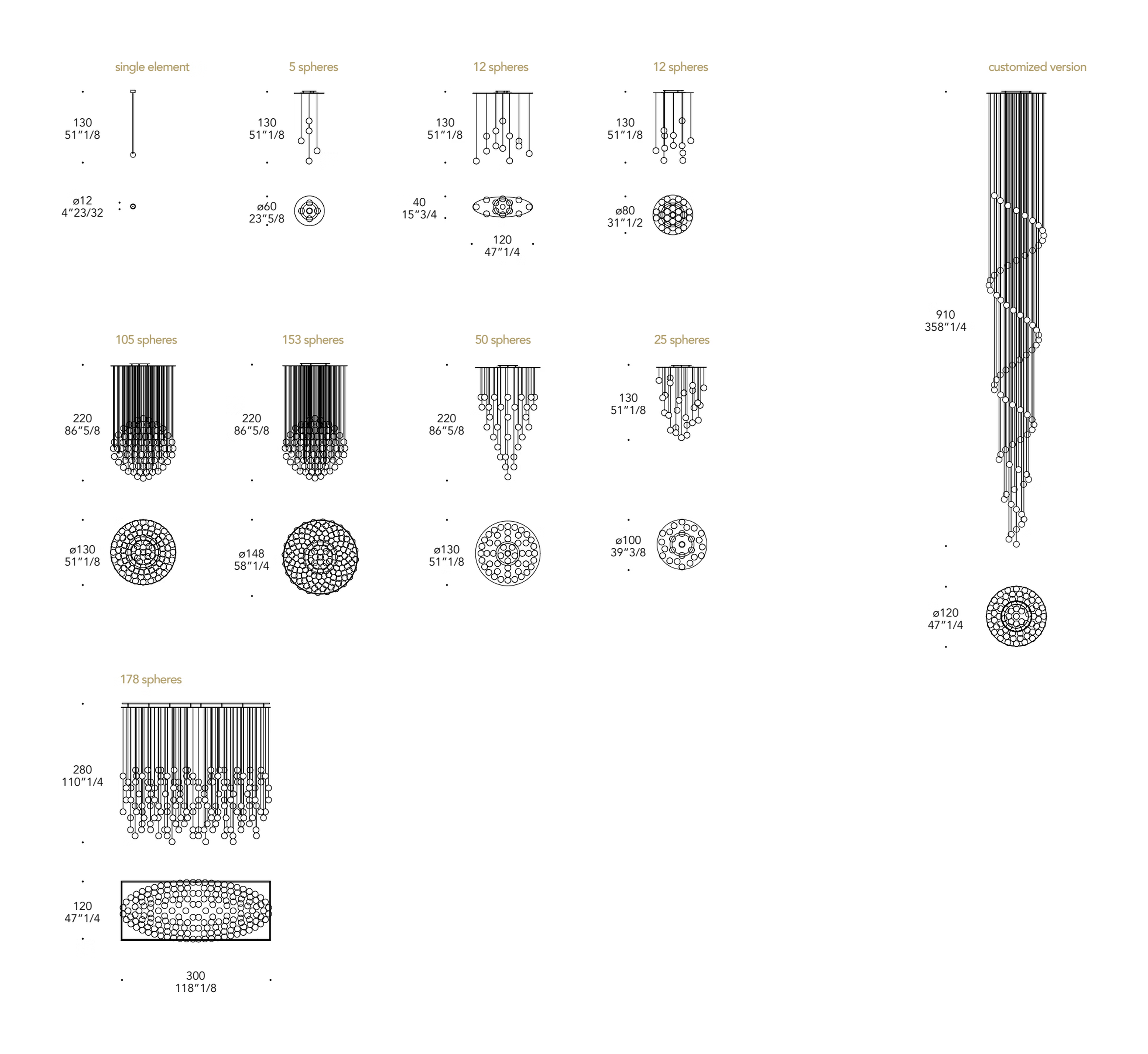 Bulles Lampadario Pendant Lamp by Reflex, size drawing