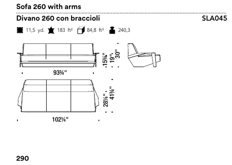Silver Lake Sofa by Moroso, size drawing: Sofa 260 with arms