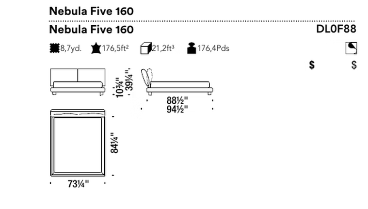 Nebula Five Bed by Moroso, size drawing: Nebula Five 160
