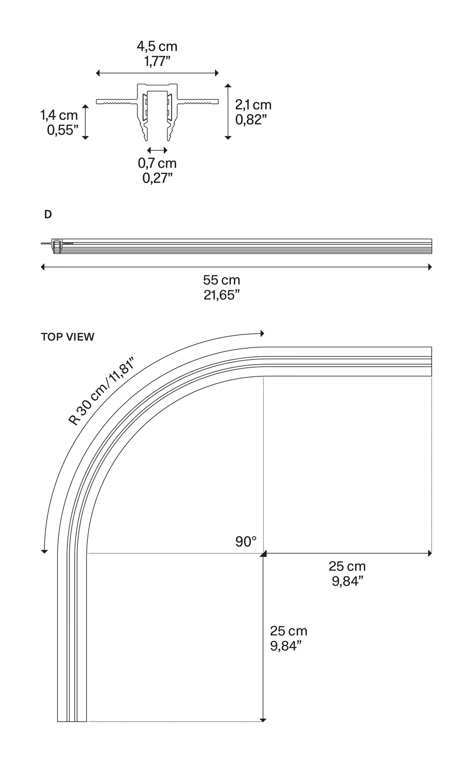 DoubleZero7 Trimless Recessed Lighting System by Lodes, size drawing: Trimless Recessed 90° Curve