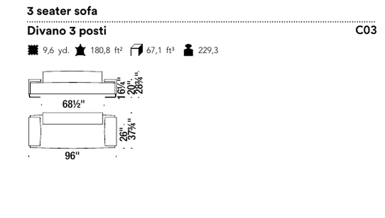Lowland Sofa by Moroso, size drawing: 3 seater sofa