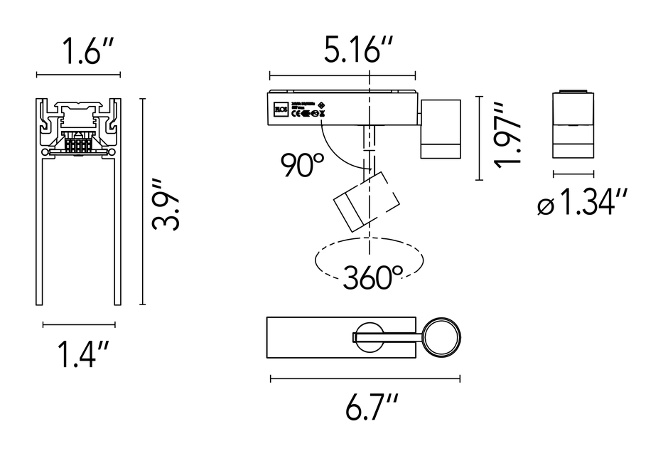 The Running Magnet JA8 Lighting Kits by Flos, size drawing: The Running Magnet Kit 5 - Suspended by Wire Version Spot Modules JA8 Black