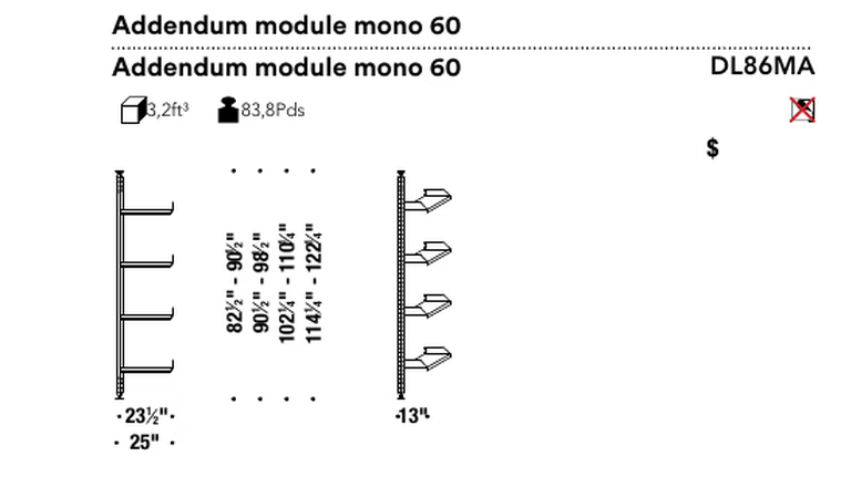 Mecano Bookcase by Moroso, size drawing: Addendum module mono 60