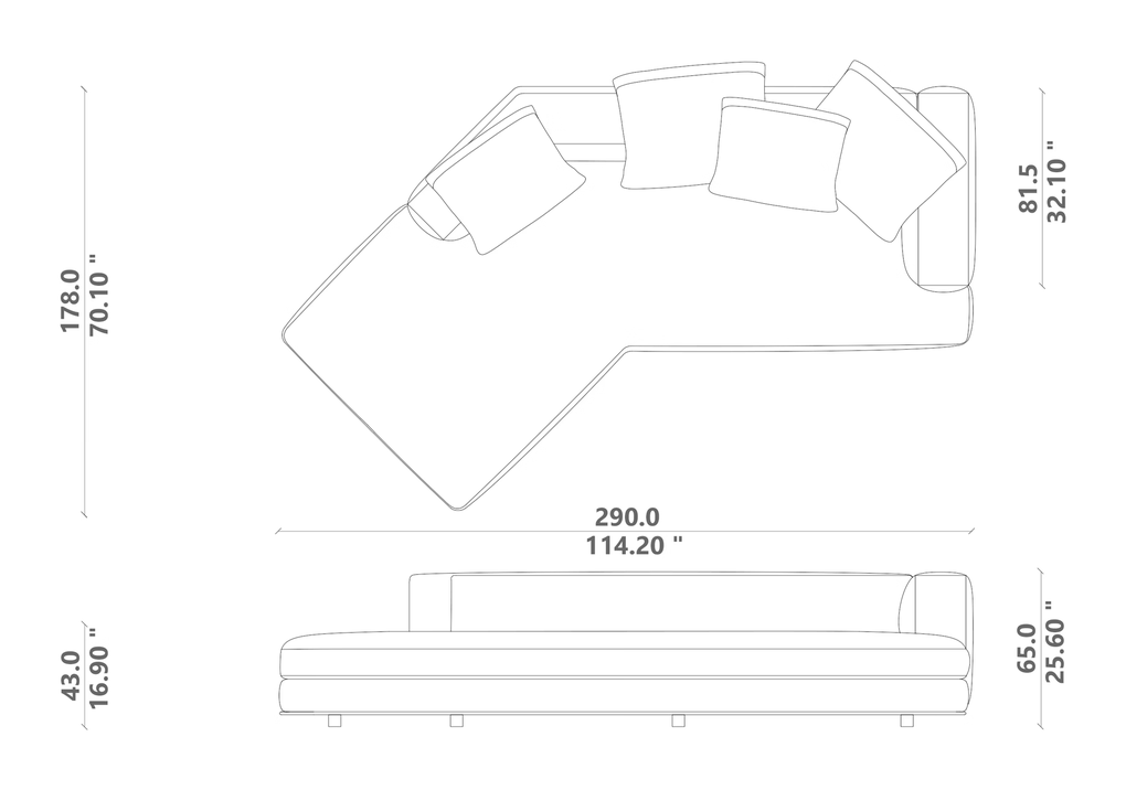 Marvin Angled Sofa by Talenti, size drawing: Angled 02 left