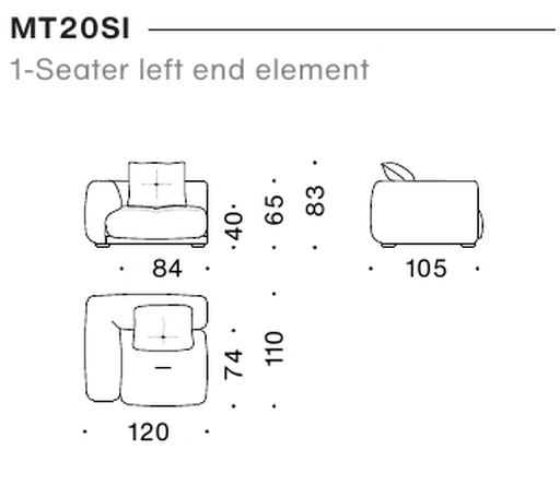 Me-Time Sofa by Moroso, size drawing: 1-Seater left end element
