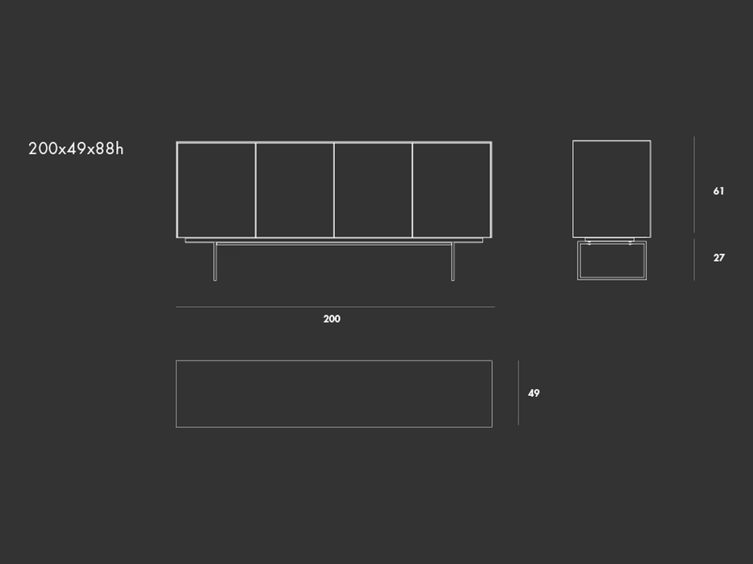 Magda Sideboard by Sovet, size drawing: 4 doors, H 88