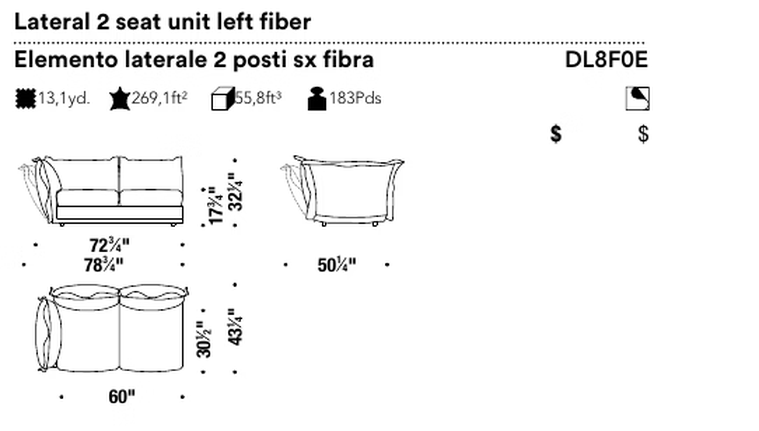 Cloudscape Sofa by Moroso, size drawing: Lateral 2 seat unit left fiber