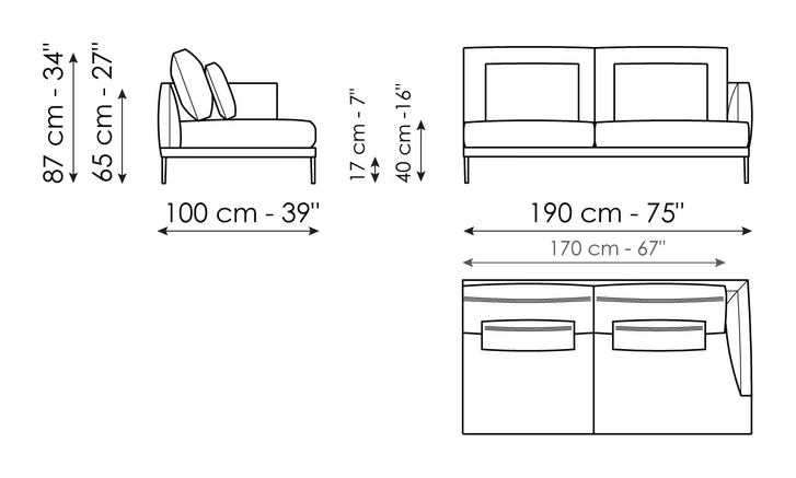 Paraiso Sofa by Bonaldo, size drawing: End section sofa 190