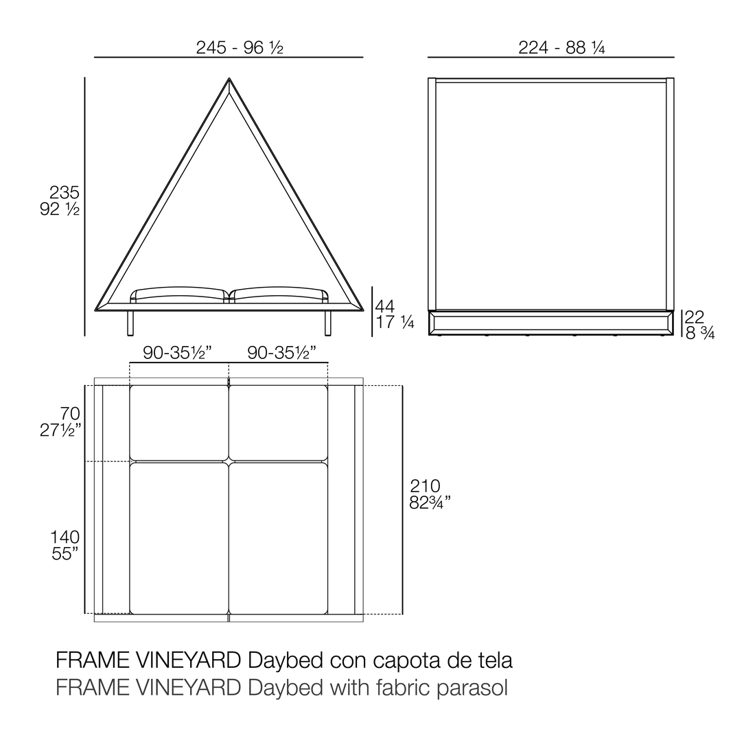 Vineyard Daybed, Fabric Roof by Vondom, size drawing