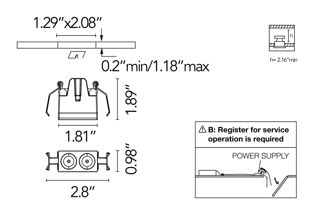 Light Shadow Mini No Trim Downlight by Flos, size drawing: Light Shadow Mini Fixed No Trim 2 Spots