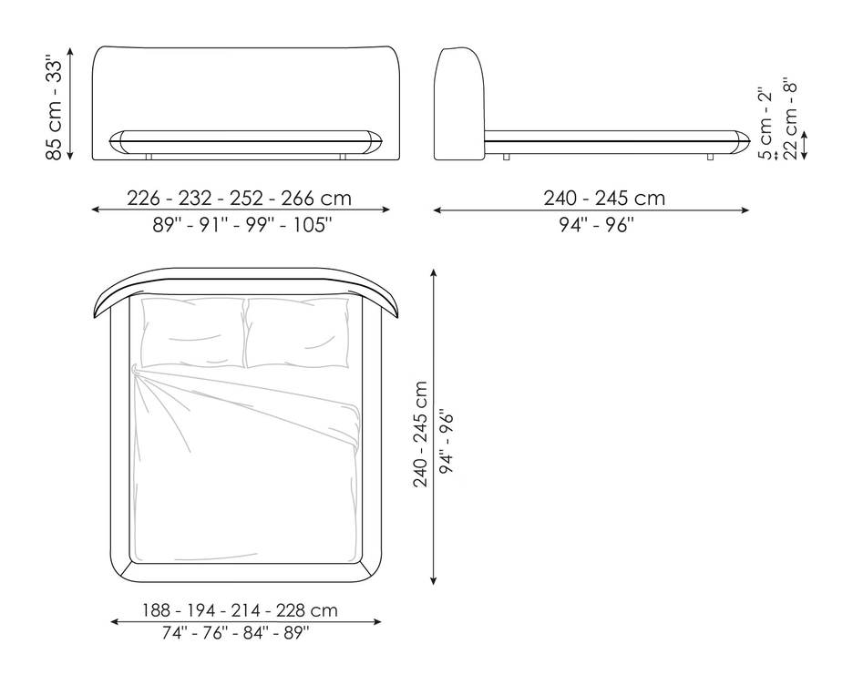 Nubo Double Bed by Bonaldo, size drawing: Nubo