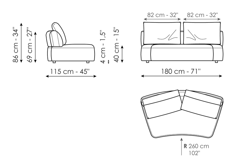 Aldebaran Sofa by Bonaldo, size drawing: Curved center section 180
