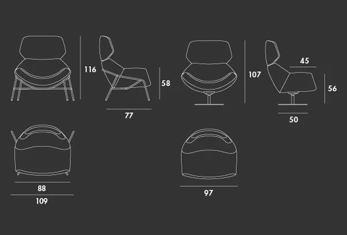 Alisia Armchair with Headrest by Sovet, size drawing