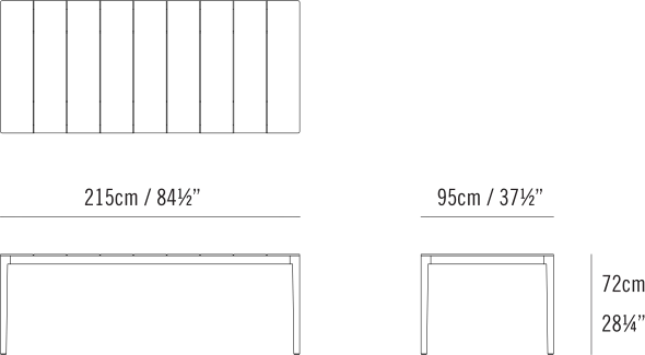 Outdoor Able Table by Bensen, size drawing: Outdoor Able Dining Table