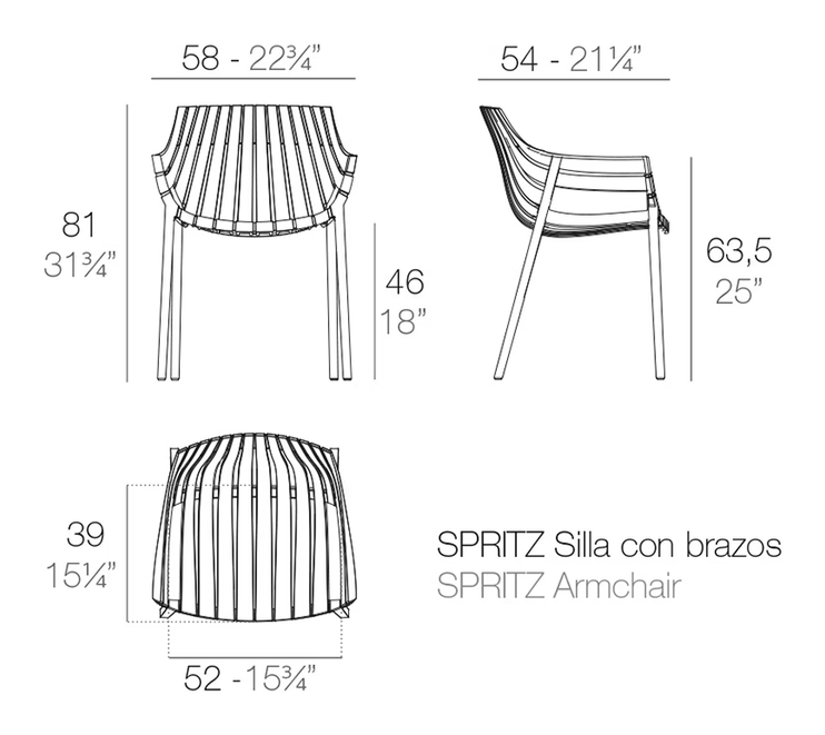 Spritz Armchair by Vondom, size drawing