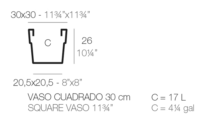Vaso Cuadrado Planter by Vondom, size drawing
