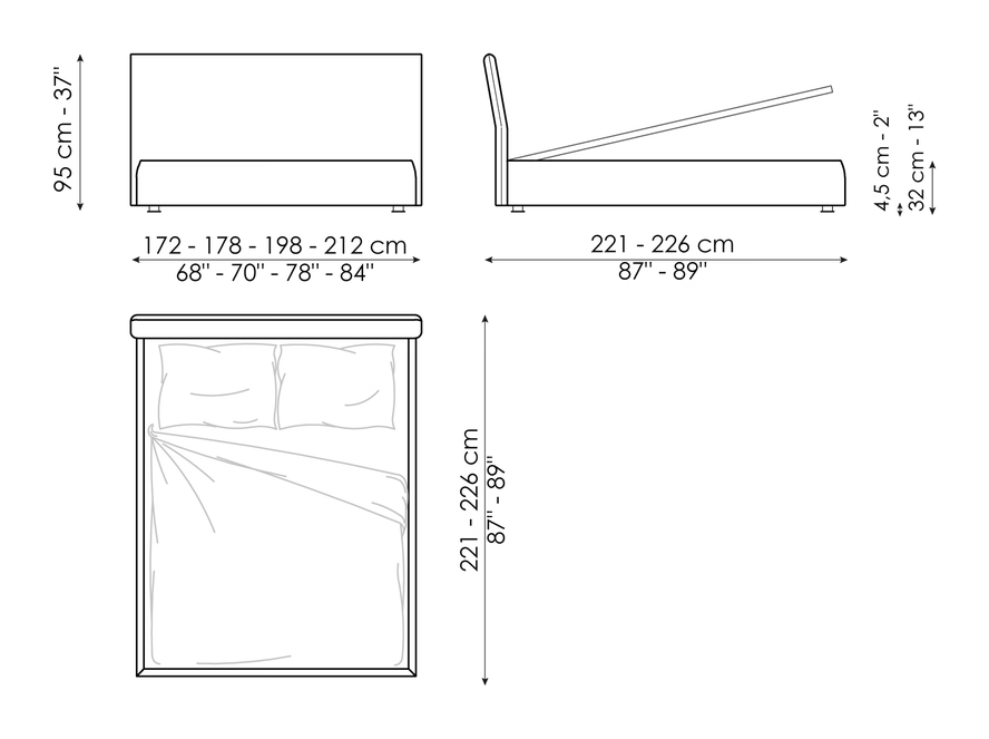 Tonight Double Bed by Bonaldo, size drawing: Tonight open