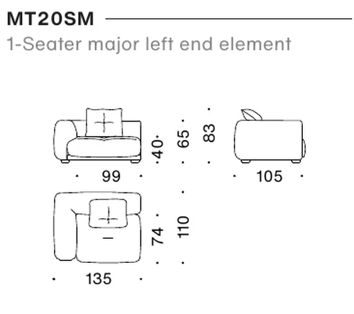 Me-Time Sofa by Moroso, size drawing: 1-Seater major left end element