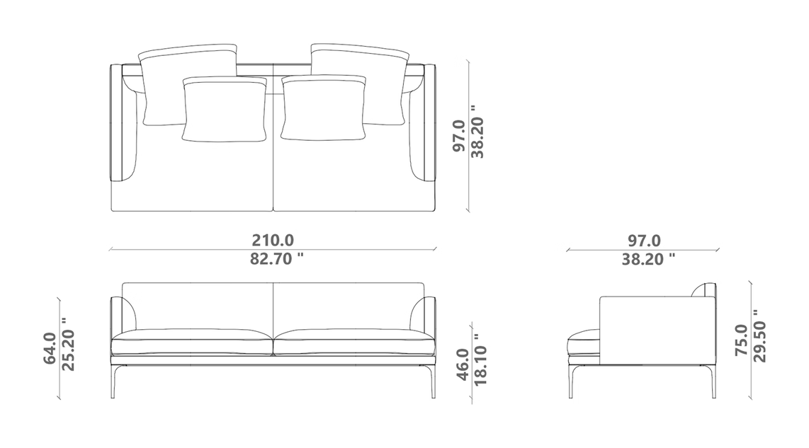 Soul Sofa 210 by Talenti, size drawing