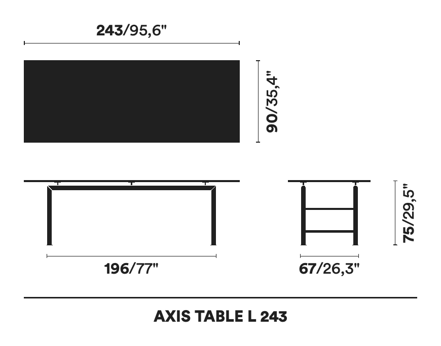 Axis Dining Table by Opinion Ciatti, size drawing: AXIS TABLE L 243