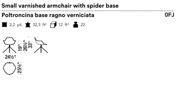 Tia Maria Armchair by Moroso, size drawing: Small varnished armchair with spider base