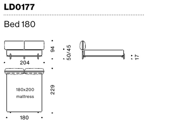 Tender Bed by Moroso, size drawing: Bed 180