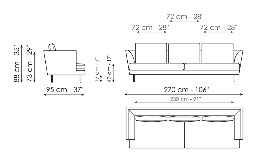 Lars Sofa by Bonaldo, size drawing: Sofa 270