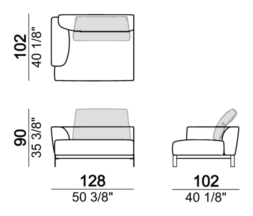 That's Life Sofa by Arketipo, size drawing: Right or left unit