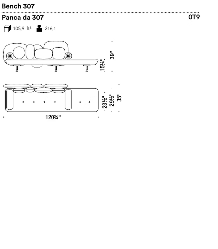 My Beautiful Backside Sofa by Moroso, size drawing: Bench 307