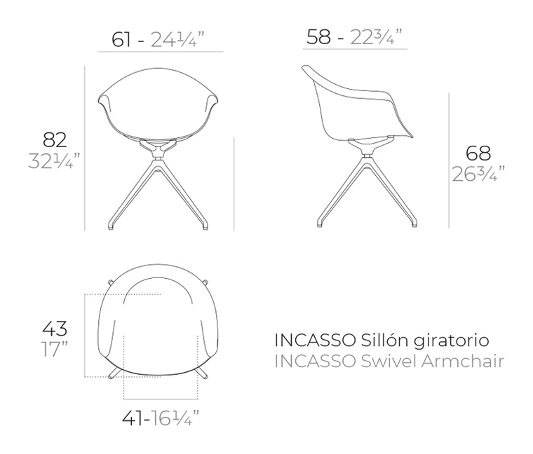 Incasso Swivel Armchair by Vondom, size drawing