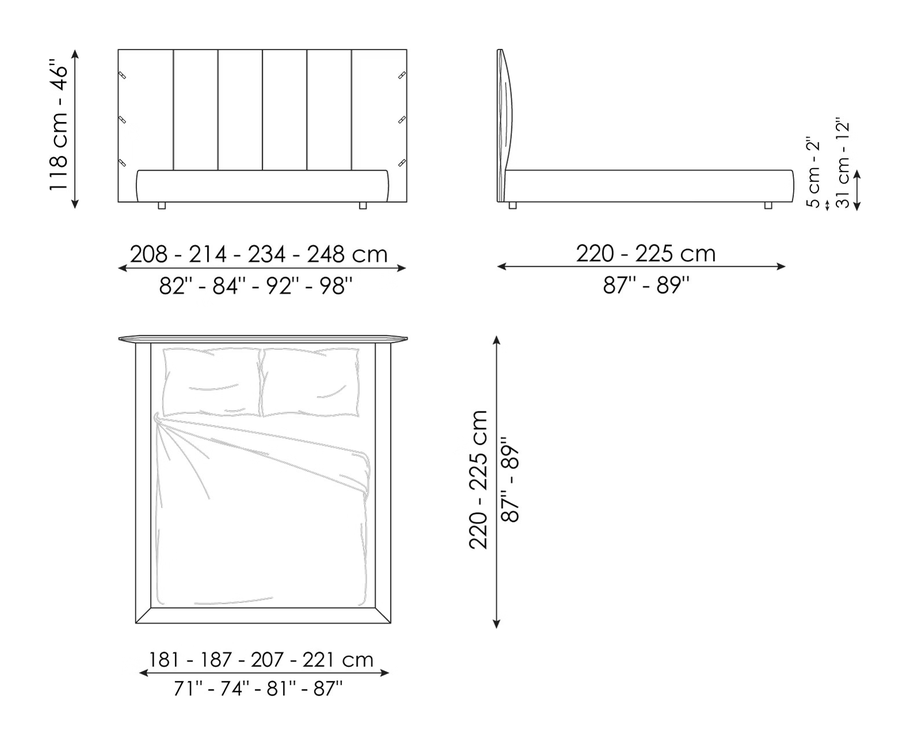 Cuff Double Bed by Bonaldo, size drawing: Cuff hi plus