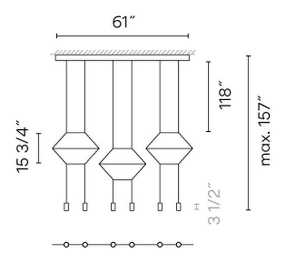 Wireflow Lineal Pendant Lamp by Vibia, size drawing: Model 0325