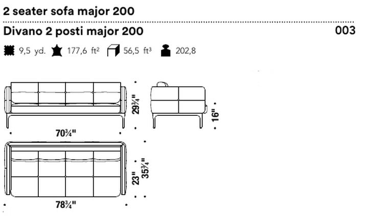 Modernista Sofa by Moroso, size drawing: 2 seater sofa major 200