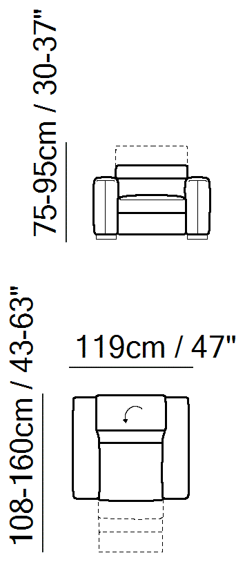 Balance Sectional by Natuzzi Italia: Chair with electric recliner function, outline drawing with sizes