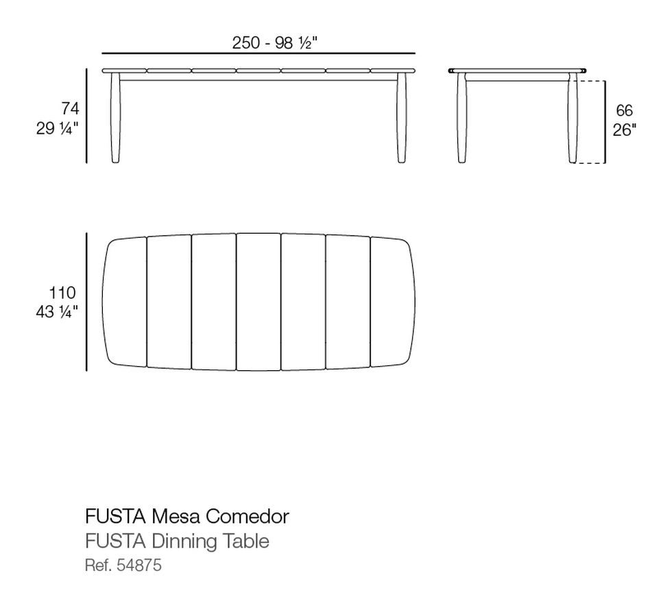 Fusta Dining Table by Vondom, size drawing