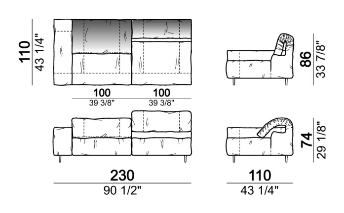 Crazy Diamond Sofa by Arketipo, size drawing: Right or left unit