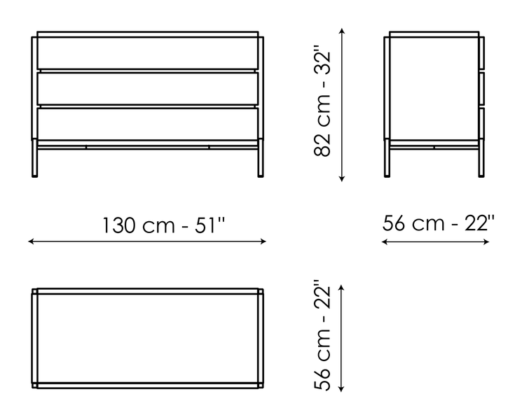 Groove Nightstand & Dresser by Bonaldo, size drawing: Drawer chest