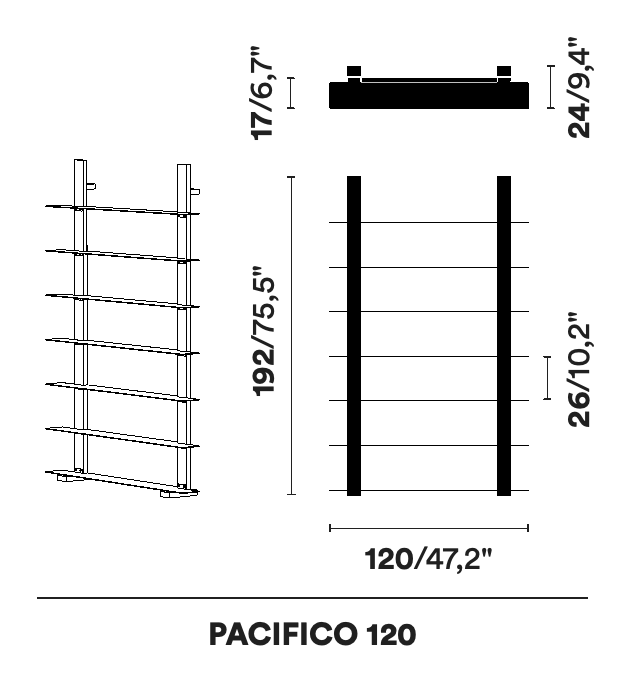 Pacifico Shelving System by Opinion Ciatti, size drawing: PACIFICO 120