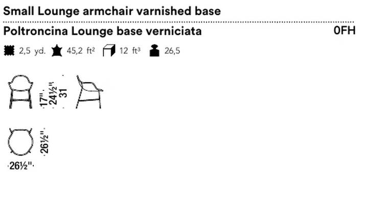 Tia Maria Armchair by Moroso, size drawing: Small Lounge armchair varnished base