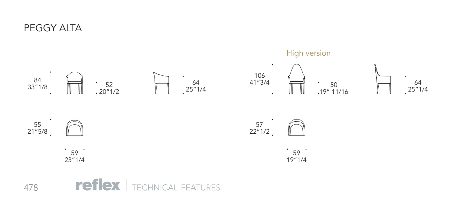 Peggy Armchair by Reflex, size drawing