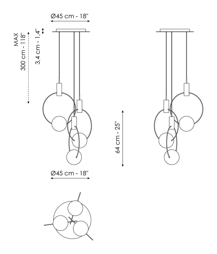 Keshi Pendant by Bonaldo, size drawing: Keshi - 3 lights casual