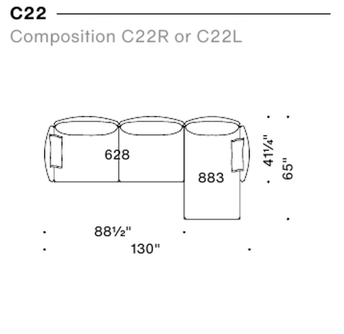 Gentry Sofa by Moroso, size drawing: Composition C22R or C22L