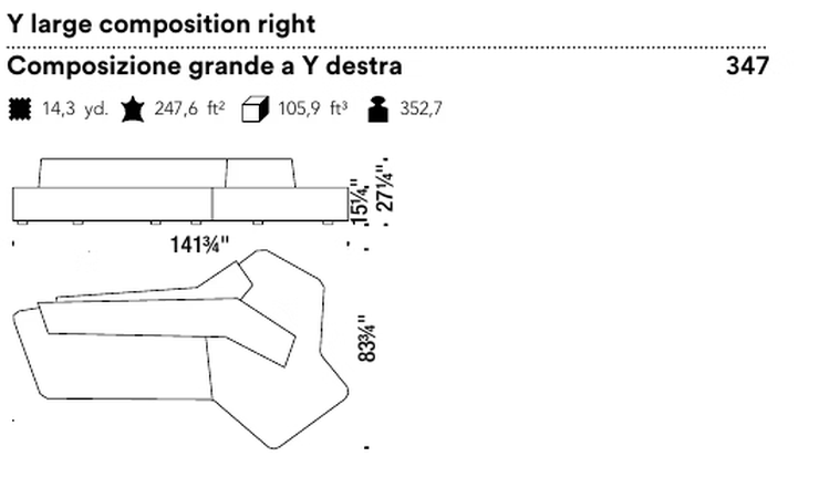 Rift Sofa by Moroso, size drawing: Y large composition right