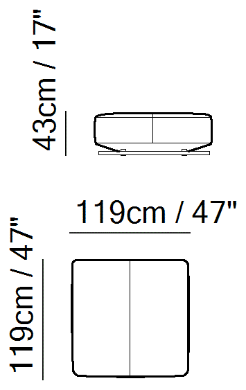 Cava Sectional by Natuzzi Italia: Large square pouf, outline drawing with sizes