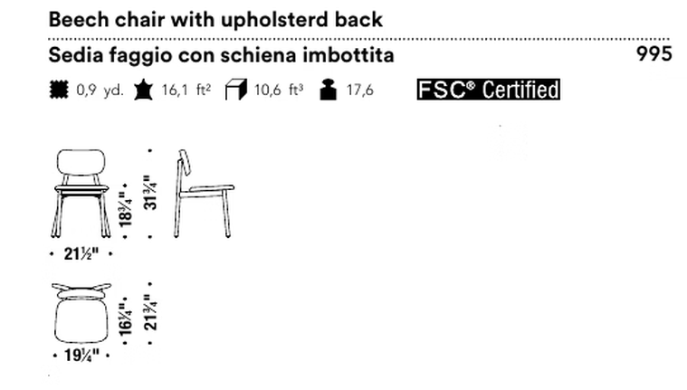 Klara Dining Chair by Moroso, size drawing: Beech chair with upholsterd back